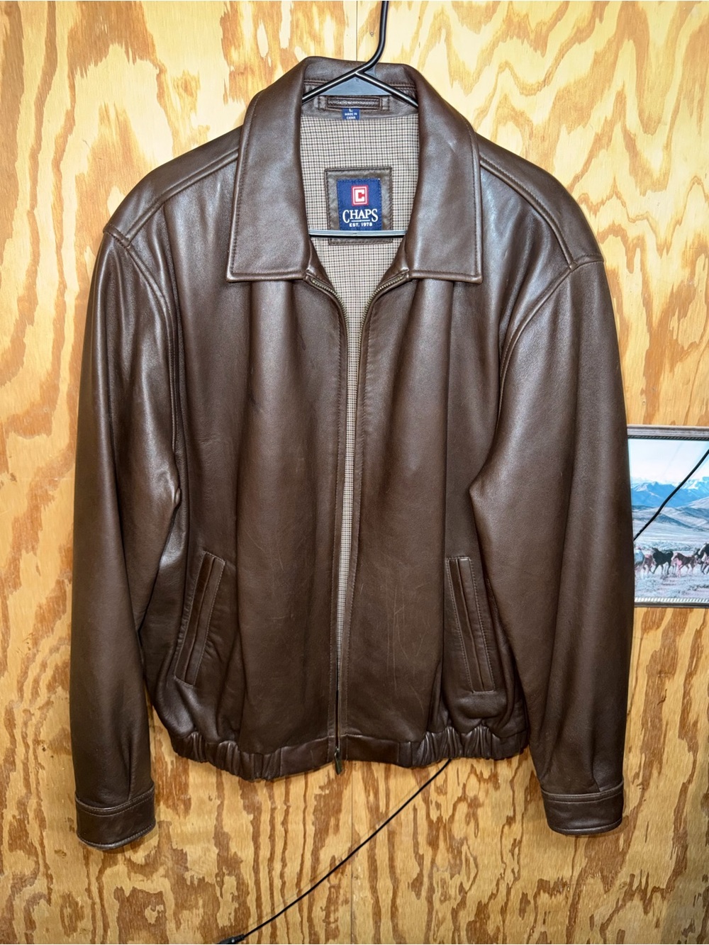 Vintage RL Chaps 90s Leather Bomber Jacket Mens Large Brown Full Zip Plaid Lined